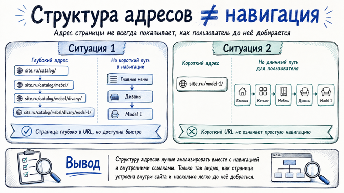 Сравнение структуры URL и навигации сайта на примере глубокого и короткого адреса страницы