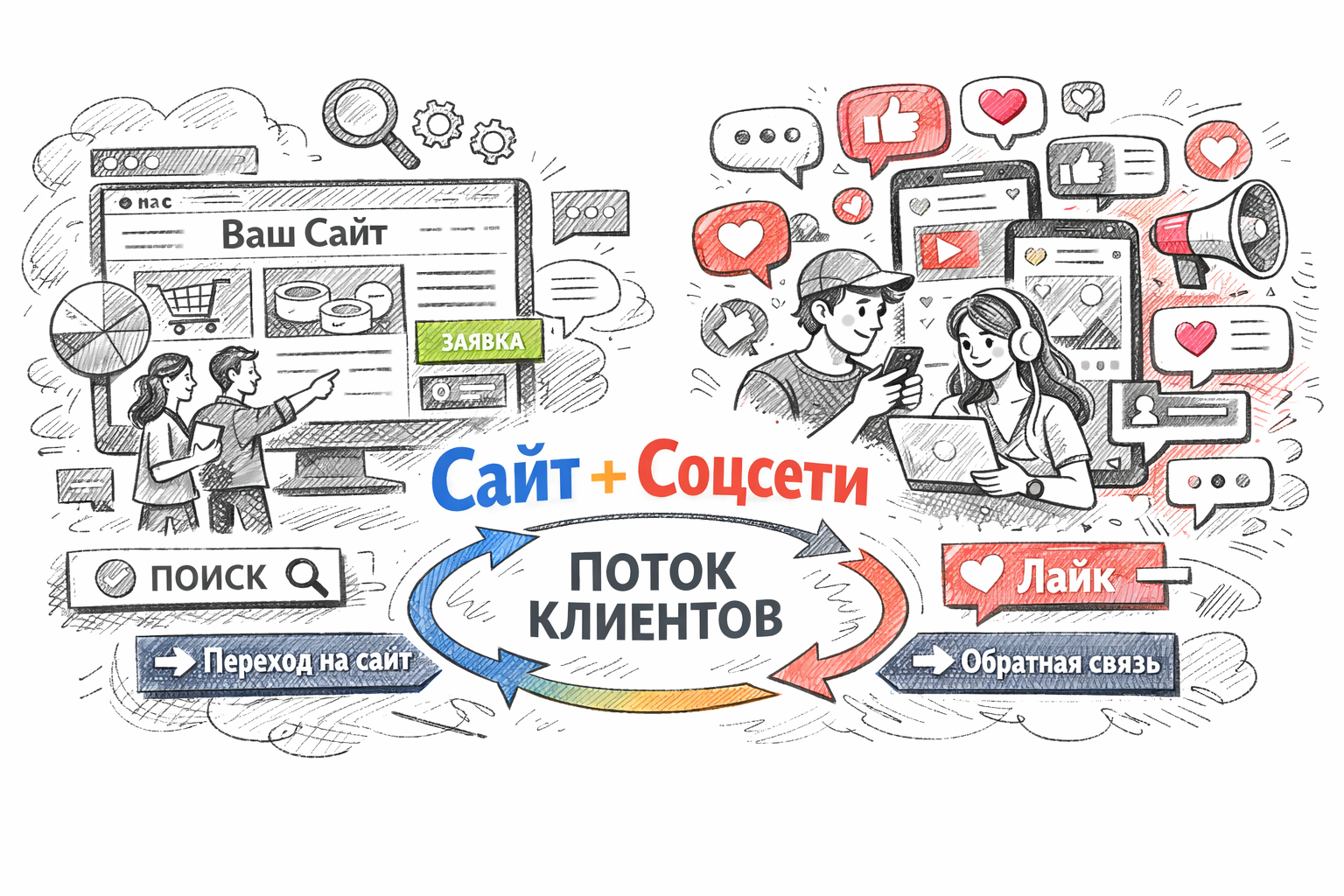Сайт и соцсети как единая система: поток клиентов от соцсетей к сайту и обратно, схема взаимодействия каналов.