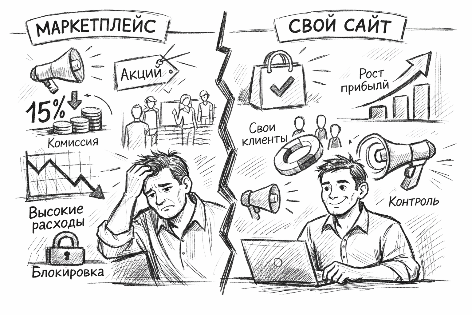 Комикс: маркетплейс с комиссиями и расходами vs свой сайт с ростом прибыли, клиентами и контролем бизнеса
