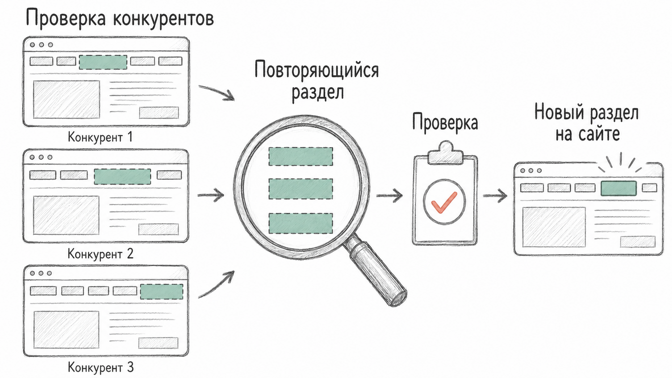 Схема анализа структуры конкурентов: повторяющиеся разделы проверяют и добавляют на свой сайт при подтвержденном спросе