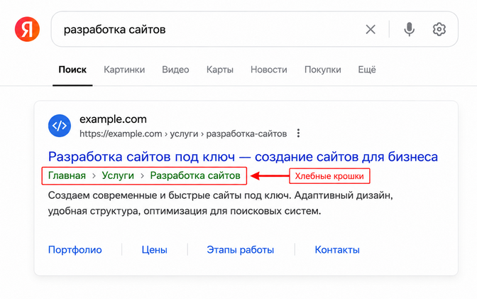 Пример хлебных крошек в поисковой выдаче: Главная, Услуги, Разработка сайтов вместо длинного URL
