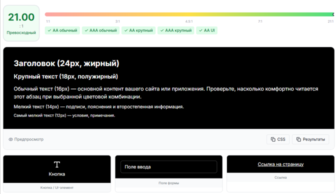 Высокий контраст текста и фона в темном режиме сайта
